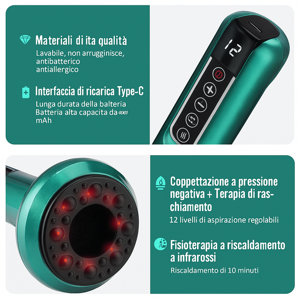 Ophira Velvet Line™ Massaggiatore Anticellulite Elettrico Professionale con Coppettazione, Vibrazione e Luce a Infrarossi